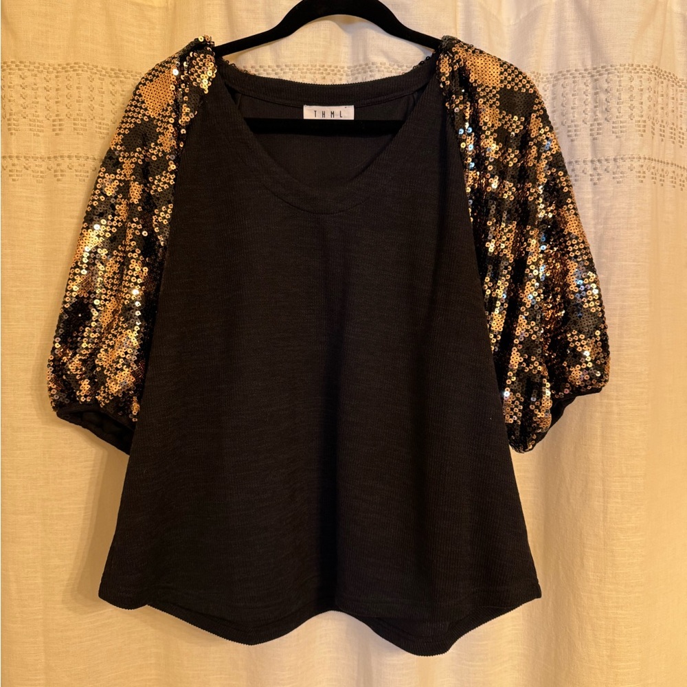 THML Holiday Sequin sleeve sweater. Size large